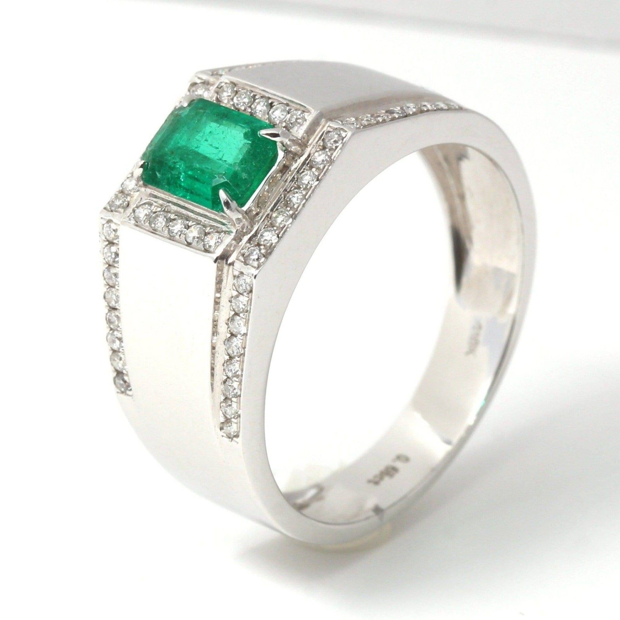 Baikalla Jewelry Gold Men&#39;s Rings 8 18k White Gold Natural 0.65 ct Emerald Men&#39;s Halo Ring with Diamonds